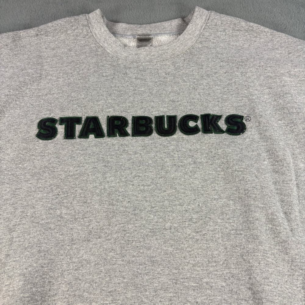 Starbucks Gildan Heavy Blend Sweatshirt Gray Spellout Applique Crewneck Large